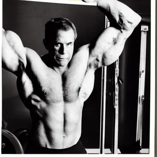 Prompt: senator bernie sanders as a muscular bodybuilder with huge muscles posing for a magazine cover, 35mm camera