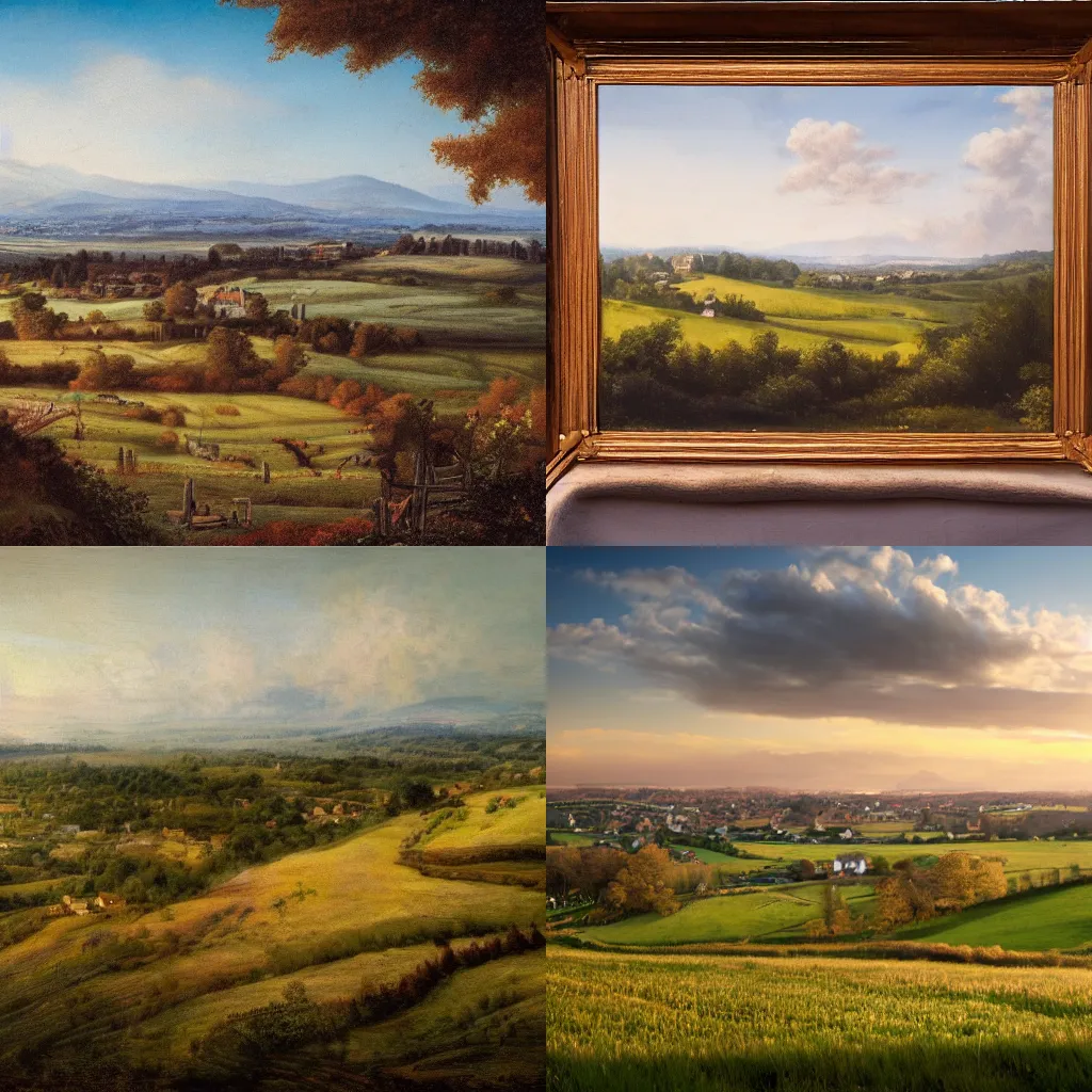 Prompt: Landscape photograph of countryside with a town in the distance. Detailed, realistic.