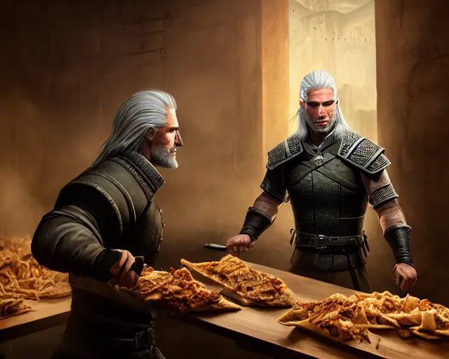 Prompt: 5 5 mm portrait photo of geralt of rivia serving shawarma, in kaer morhen. dark atmosphere. art by greg rutkowski. highly detailed 8 k. intricate. lifelike. soft light. nikon d 8 5 0.