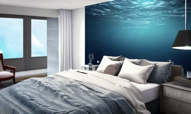 Image similar to underwater bedroom, photorealistic magazine picture, studio lighting, cozy, extremely detailed and realistic