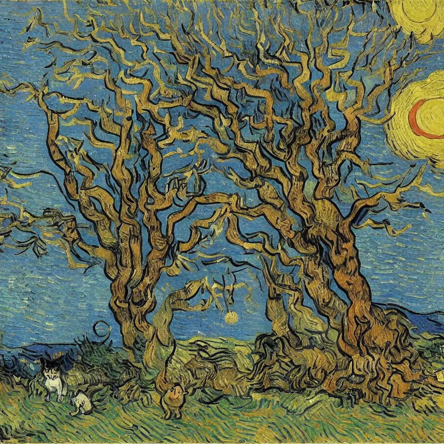 Prompt: painting by van gogh, cat, mouse, zebra, dancing in the rain, under a dry old tree