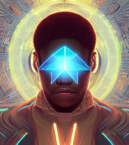 Image similar to symmetry!! egyptian prince of technology, solid cube of light, hard edges, product render retro - futuristic poster scifi, lasers and neon circuits, brown skin man egyptian prince, intricate, elegant, highly detailed, digital painting, artstation, concept art, smooth, sharp focus, illustration, dreamlike, art by artgerm