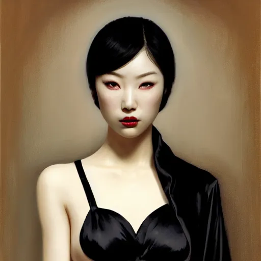 Image similar to detailed cinematic wide shot of beautiful attractive hoyeon jung asian vampire woman wearing black bath robe slim face symettrical face clean skin black eyes black robe smooth, sharp focus, ultra realistic, spring light, painting by gaston bussiere, craig mullins, j. c. leyendecker