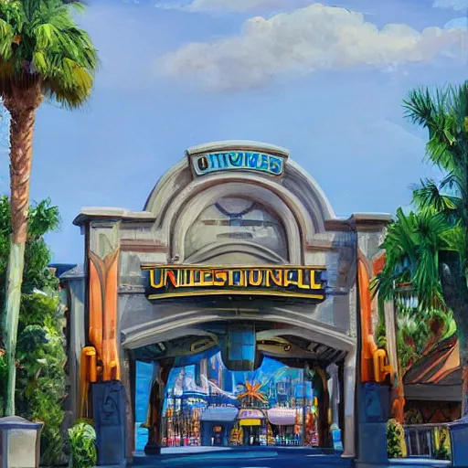 Image similar to painting of universal studios florida entrance arches, artstation