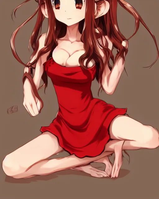 Image similar to A cute frontal fullbody painting of a beautiful anime skinny foxgirl with curly brown colored hair and fox ears on top of her head and wearing a cute red dress looking at the viewer, elegant, delicate, stunning, soft lines, feminine figure, higly detailed, ultraHD, 8k, smooth , pixiv art, cgsociety, artgem, art by Gil Elvgren and charles reid, high quality, digital illustration, concept art, masterpiece