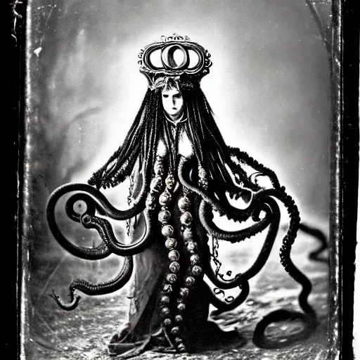 Image similar to daguerreotype of a cthulhu priestess adorned in occult jewelery with tentacle hair. emerging walking out of a baroque frame.