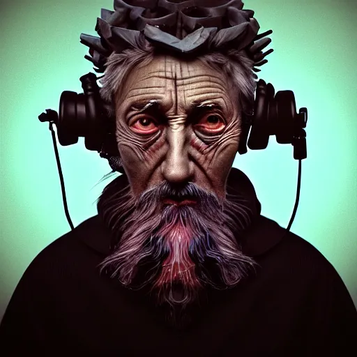 Image similar to Colour Caravaggio style Photography of 1000 years old man with highly detailed 1000 years old face wearing higly detailed cyberpunk VR Headset designed by Josan Gonzalez Many details. . In style of Josan Gonzalez and Mike Winkelmann andgreg rutkowski and alphonse muchaand Caspar David Friedrich and Stephen Hickman and James Gurney and Hiromasa Ogura. Rendered in Blender