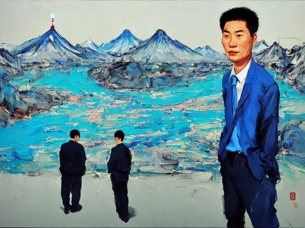 Prompt: ‘The Center of the World’ (Liu Xiaodong expressionist oil painting, large thick messy colorful brushstrokes, office worker next to a blue river and mountains) was filmed in Beijing in April 2013 depicting a white collar office worker. A man in his early thirties – the first single-child-generation in China. Representing a new image of an idealized urban successful booming China.