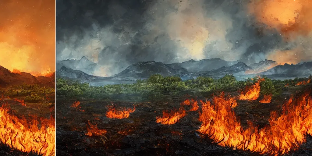 Prompt: two completly different landscapes divided exaclty in the middle by a mysterious force, one landscape with a lot of fire and burned ground and no life and burning sky, one landscape with wide flora and fauna and trees and blue sky, hyperrealistic, high quality, 4k, ultra detailed