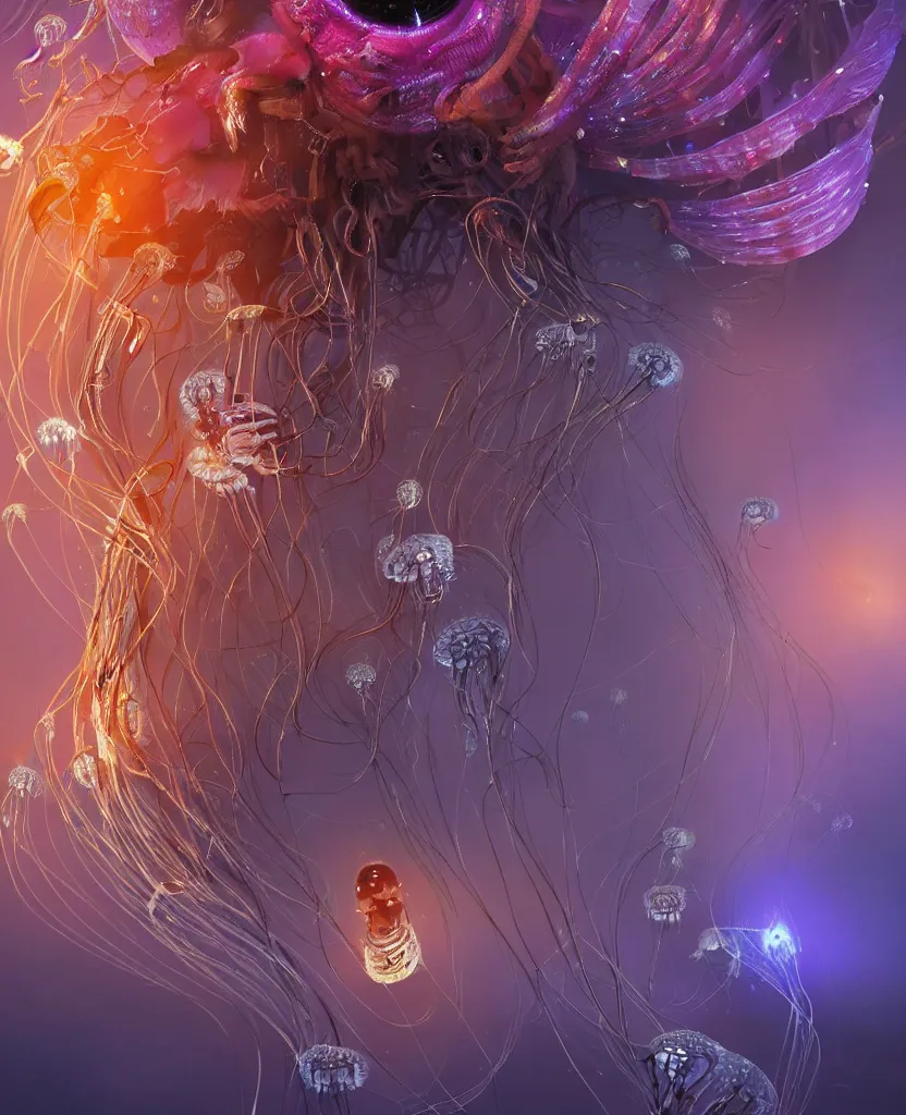 Image similar to close-up portrait of the face of a beautiful princess in a twisted flowers jellyfish mask in a spaceman suit surrounded by energy flow, epic angle and pose, symmetrical artwork, 3d with depth of field, blurred background, floating jellyfish skull phoenix bird, translucent, nautilus, energy flows of water and fire. a highly detailed epic cinematic concept art CG render. made in Maya, Blender and Photoshop, octane render, excellent composition, cinematic dystopian brutalist atmosphere, dynamic dramatic cinematic lighting, aesthetic, very inspirational, arthouse. y Greg Rutkowski, Ilya Kuvshinov, WLOP, Stanley Artgerm Lau, Ruan Jia and Fenghua Zhong