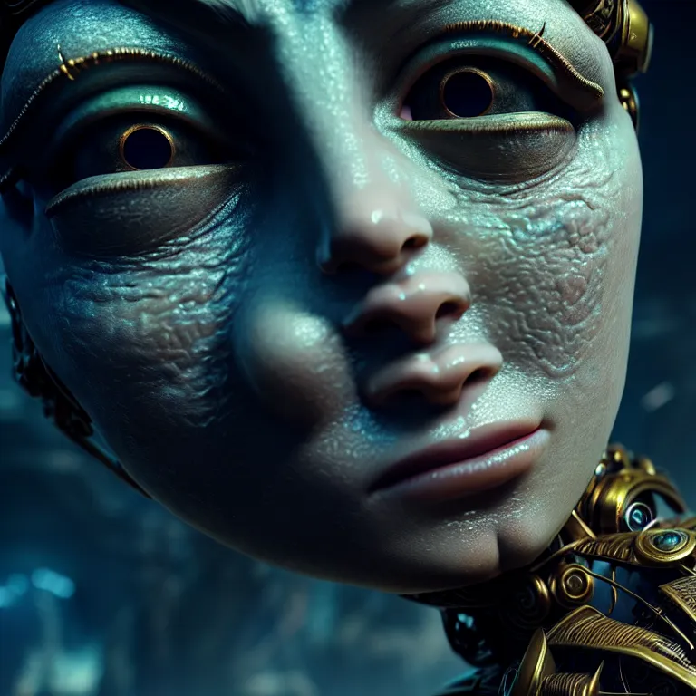 Image similar to ultra realistic beautiful cyborg deity eyes closed, fantasy, intricate details, movie still, highly detailed, photorealistic, octane render, eerie, 8k, art by raphael and michael welan