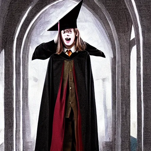 Image similar to student from harry potter wearing the sorting hat terrified