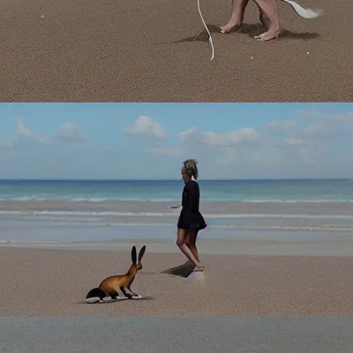 Image similar to a very very very giant bunny walking its tiny tiny owner on the beach. hyperreal.