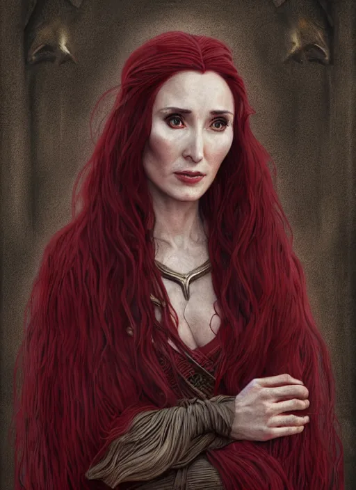 Image similar to melisandre, game of thrones, super highly detailed, professional digital painting, concept art, smooth, sharp focus, no blur, no dof, extreme illustration, unreal engine 5, photorealism, hd quality, 8 k resolution, cinema 4 d, 3 d, beautiful, cinematic, art by artgerm and greg rutkowski and alphonse mucha and loish and wlop