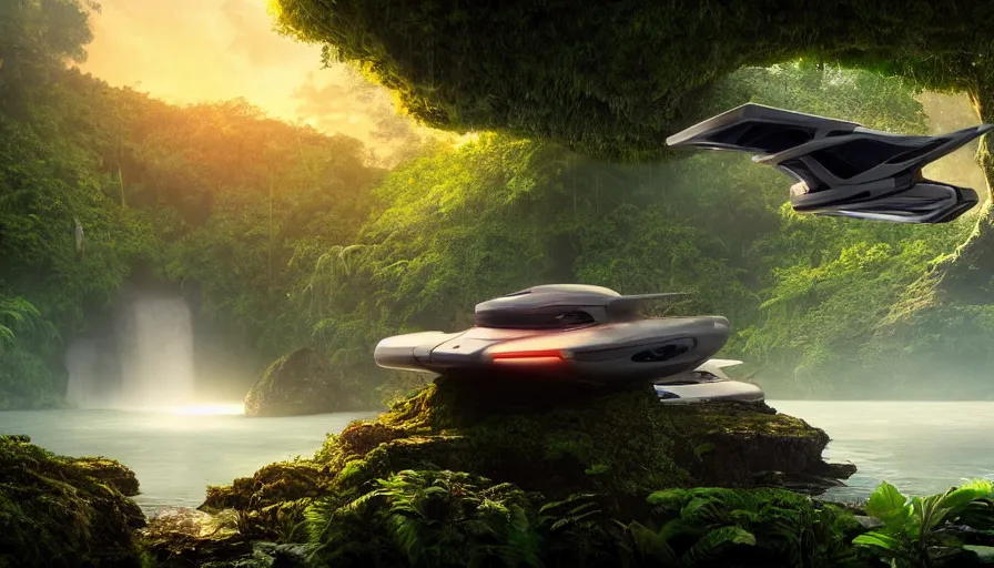 Image similar to a distant futuristic scifi flying car floating in a prehistoric jungle cave, lush flora, waterfall, sunset, hazy, volumetric lighting, rtx on, photorealistic render, great composition, very detailed
