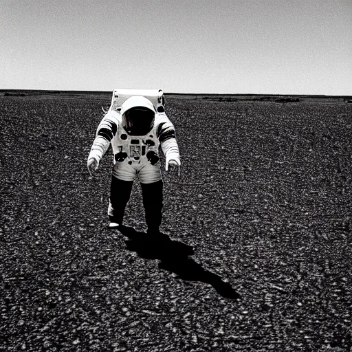 Prompt: found footage of an astronaut walking on a potato, black and white, film grain, light bleed