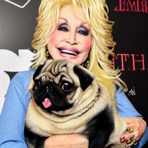 Image similar to dolly parton holding a cute pug way over her head, smile on her face