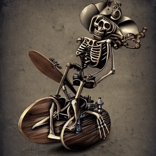 Image similar to steampunk skeleton riding a surfboard 4k hd