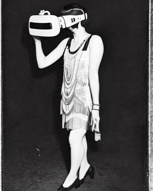 Image similar to 1 9 2 0 s photo of a flapper girl wearing a vr headset on a stage in a speakeasy