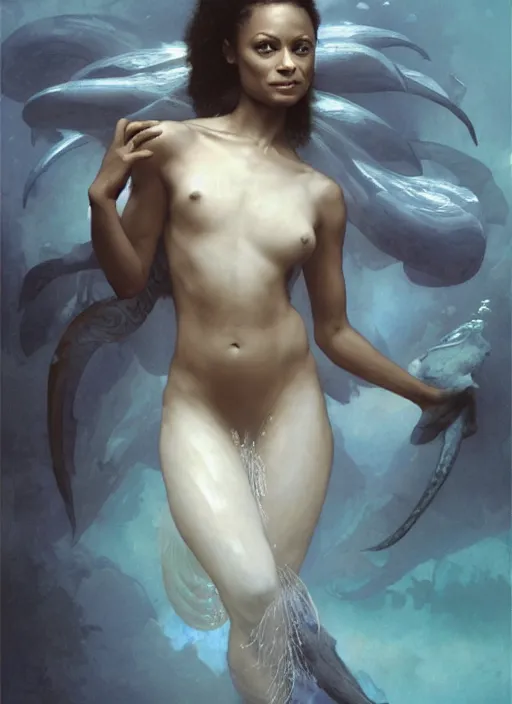 Image similar to dramatic upper body portrait of Thandie Newton as a dark-skinned la sirene Haitian mermaid goddess by Ruan Jia and Mandy Jurgens and Artgerm and william-adolphe bouguereau, underwater, white sheer fabric, white lilies, shells, mirrors, marvel comics, intricate, highly detailed, smooth, artstation, digital illustration by julie bell and Ruan Jia and Mandy Jurgens and Artgerm and William Adolphe Bouguereau and John Collier and Greg Rutkowski and Frank Frazetta