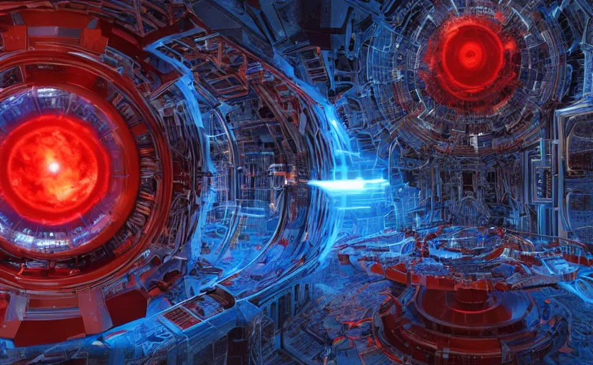 Image similar to giant Plasma fusion reactor power station, red, blue , hyperrealistic mixed media, stunning 3d render inspired art by P. Craig Russell and Barry Windsor-Smith + perfect facial symmetry + dim volumetric lighting, 8k octane beautifully detailed render, post-processing, extremely hyperdetailed, intricate futuristic mechanic parts, epic composition, grim yet sparkling atmosphere, cinematic lighting + masterpiece, trending on artstation