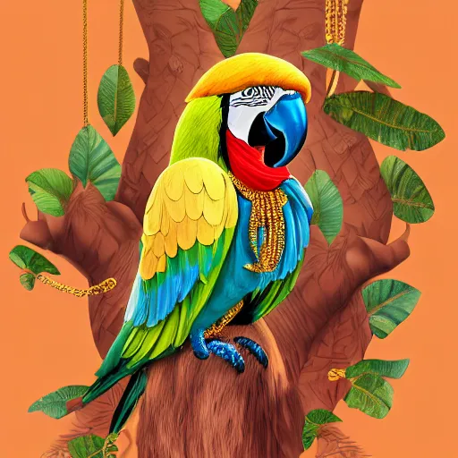 Image similar to parrots dressed in golden rings, necklaces and with caps on head, rapping and sitting on golden trees, rap scene, jungle concept art, trending on artstation, highly detailed, digital art, 8 k