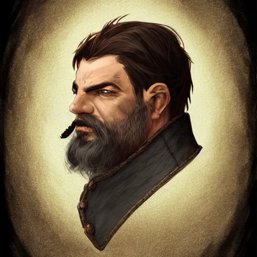 Image similar to portrait, 50 years old man :: short, stocky build :: dark, short hair and a whisker :: medieval leather workwear :: high detail, digital art, fantasy, RPG, concept art, illustration