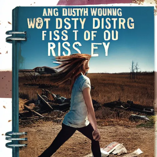 Image similar to a young woman finds a dusty diary on the floor of an abandoned farmhouse, post apocalyptic