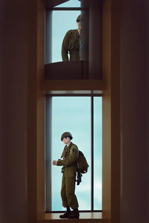 Image similar to kodak portra 5 0 mm f 4 full body portrait photography of a wwii airborne infantry soldier who's a mix of gillian anderson and adam driver, looking exhausted, setting is inside a sci fi megastructure tower looking out a window, photo by erwin olaf