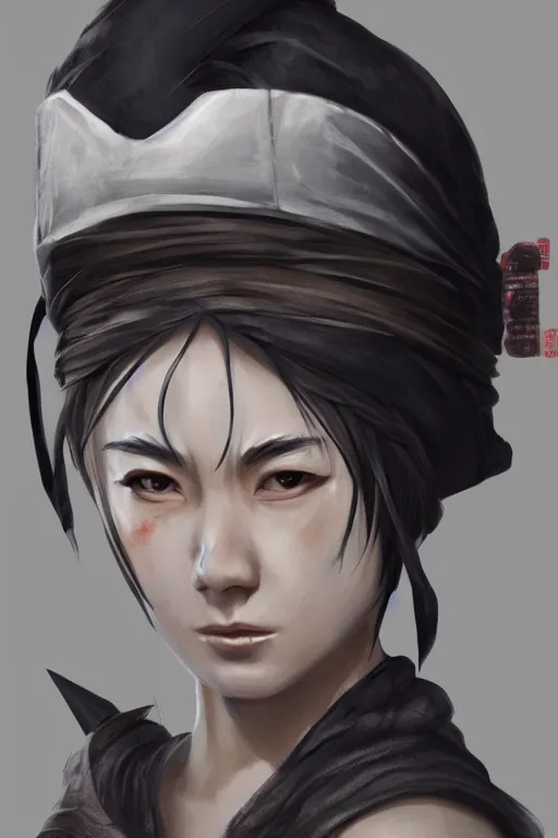 Image similar to native japanese young woman dressed like shinobi ninja, focused stare, partially masked, highly detailed, photorealistic render, digital painting, trending on artstation, character design, overcast weather