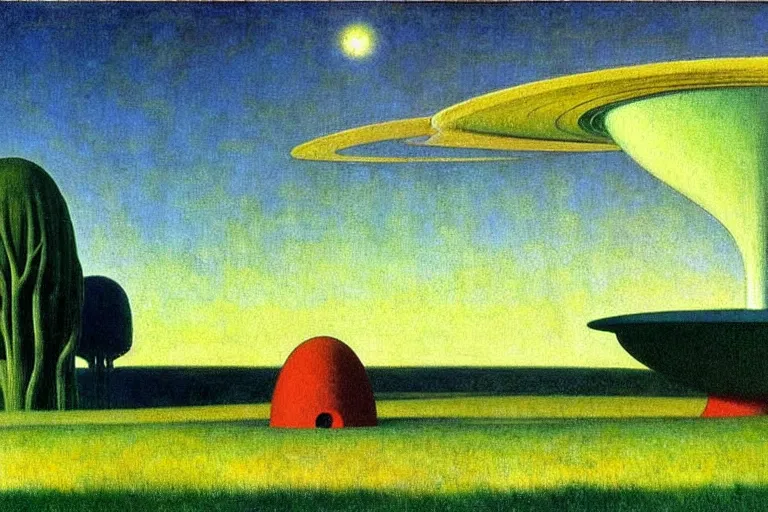 Image similar to realistic detailed landscape painting a single edward hopper house in a plain field, single ufo in the sky, futuristic sci-fi forest on background by Jean Delville, Amano, Yves Tanguy, Alphonse Mucha, Ernst Haeckel, Edward Robert Hughes, Roger Dean, rich moody colours, blue eyes