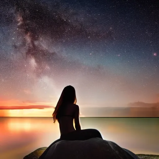 Prompt: a mermaid sitting on a rock, beach, starry sky, sunset