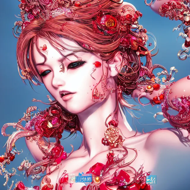 Image similar to an absurdly beautiful, elegant, young hypercolorful sensual gravure idol made of rubies and red gems, ultrafine hyperrealistic detailed face illustration by kim jung gi, irakli nadar, intricate linework, sharp focus, bright colors, matte, octopath traveler, final fantasy, unreal engine highly rendered, global illumination, radiant light, intricate environment