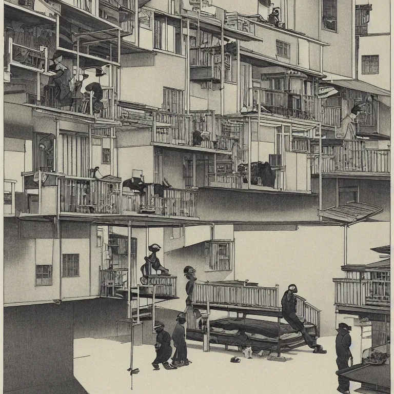 Prompt: as monochrome image of workers exploited, living in hostels with bunk beds stacked on top of bunk beds, by kawase hasui, moebius and edward hopper, colorful flat surreal design, hd, 8 k, artstation