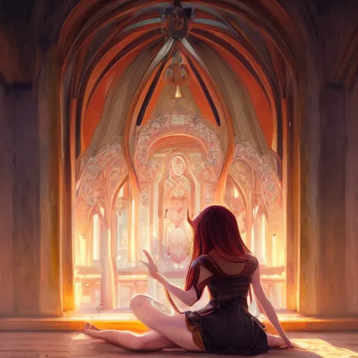 Image similar to Art station concept of a beautiful girl kneeling in front of a religious shrine, Hypnosis, Trance, symmetrical face, smooth body features, by Stanley Artgerm Lau, WLOP, Rossdraws, James Jean, Andrei Riabovitchev, Marc Simonetti, and Sakimichan, trending on artstation