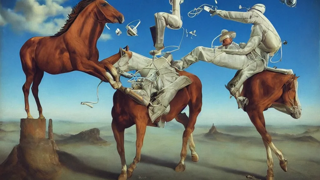 Prompt: a horse stands on a man. a horse on a man's head, a horse riding an astronaut, surrealism, surrealist
