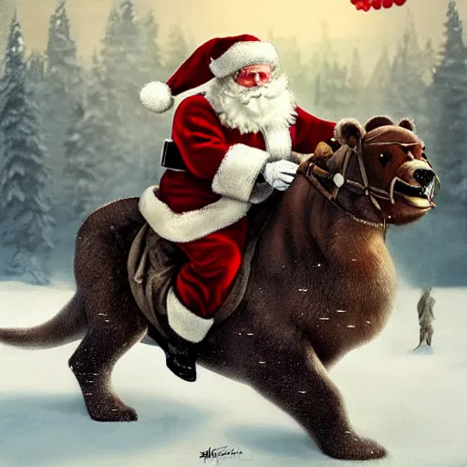 Image similar to santa claus riding a polar bear into battle, epic, cinematic, artstation, concept art, high quality,