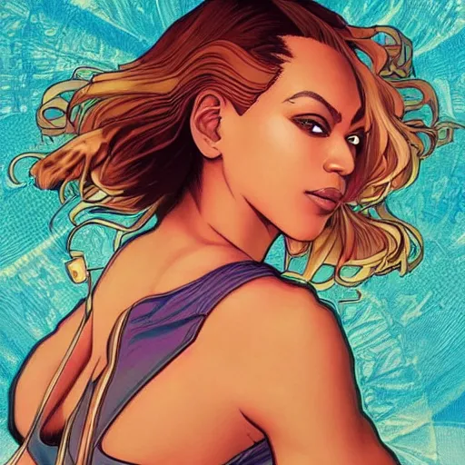 Image similar to beyonce perfect coloring, low saturation, epic composition, masterpiece, bold complimentary colors. stunning masterfully illustrated by artgerm, range murata, alphonse mucha, katsuhiro otomo