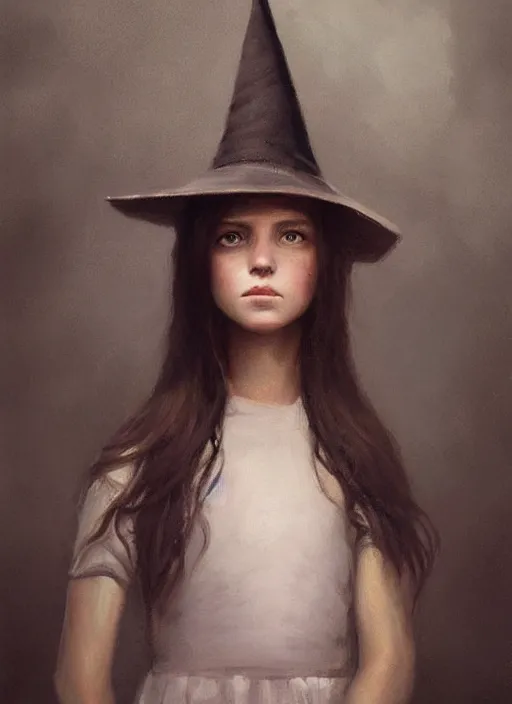 Image similar to a portrait of a thirteen year old girl with brown hair. she is wearing a simple dress and a black pointed witch hat. beautiful painting with highly detailed face by greg rutkowski and magali villanueve