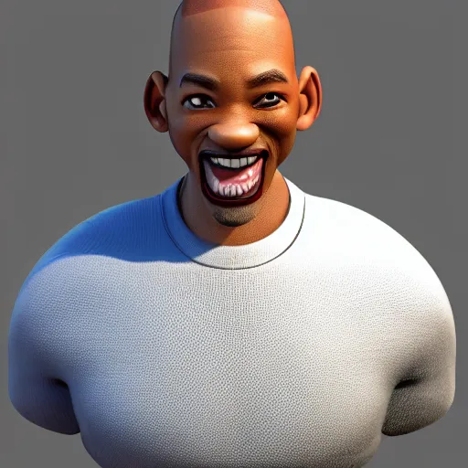 Image similar to hyperdetailed 3 d cartoon render of cartoon will smith in a confident expressive pose, cartoon eyes!!!!! caricature, exaggarated facial features, cute cartoon style, white background, low angle shot, cinematic studio lighting, studio quality, octane render, unreal engine 5, trending on artstation, art by sebastian jm, 8 k