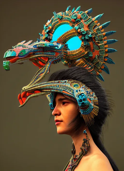Prompt: 3 d goddess close - up profile portrait. beautiful intricate highly detailed mexican magpie helm and traditional mexican huipil! quetzalcoatl, stingray, bio luminescent, plasma, lava, ice, water, wind, stormy, creature, artwork by tooth wu and wlop and beeple and greg rutkowski, octane 3 d render