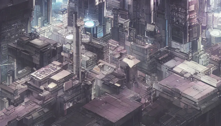 Prompt: Concept Art Illustration of neo-Tokyo Bank Headquarters, in the Style of Akira, Syndicate Corporation, Anime, Dystopian, Highly Detailed, Helipad, Special Forces Security, Blockchain Vault, Searchlights, Shipping Docks, For multiplayer Stealth fps bank robbery simulator, Akira Color Palette, Inspired by MGS2 + Ghost in the shell SAC + Cowboy Bebop :4 by Katsuhiro Otomo : 8