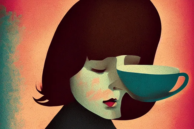 Image similar to editorial illustration by Karolis Strautniekas and Murata Range, portrait of a sad young woman drinking tea, colorful, fine texture,detailed, muted colors,film noir, dramatic lighting, dynamic composition,moody, vivid, matte print, wide angle,sunbeam