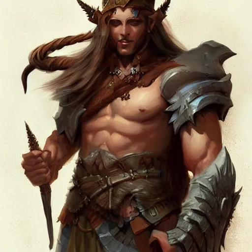 Prompt: half - elf male barbarian in shirt with queen crown, detailed illustration by peter mohrbacher by marc simonetti on artstation, fantasy art