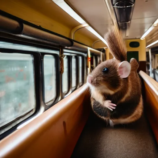 Image similar to photo of a train interior, a brown hamster is sitting on a seat, various poses, unedited, soft light, sharp focus, 8 k