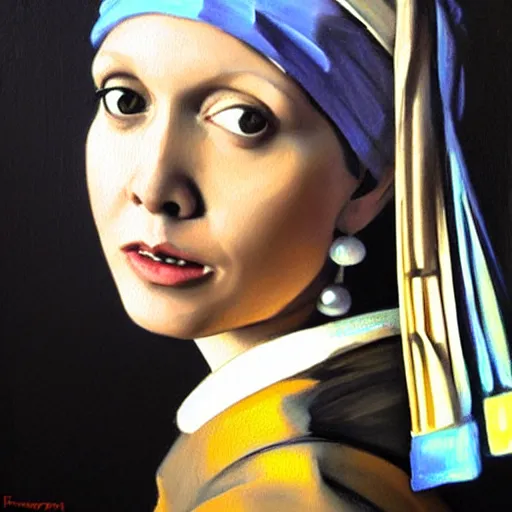 Image similar to greg manchess portrait painting of the girl with the pearl earring with the face of carrie fisher, medium shot, asymmetrical, profile picture, organic painting, sunny day, matte painting, bold shapes, hard edges, street art, trending on artstation, by huang guangjian and gil elvgren and gerald brom