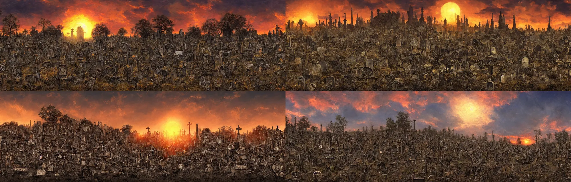 Prompt: souls graveyard with golden hour backlight , sunset , big sun low on right , moody panorama by frazetta