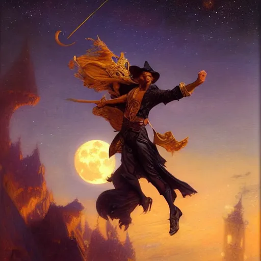 Image similar to attractive male witch magically flying trough the night, fantasy, full moon in background. highly detailed painting by gaston bussiere, craig mullins, j. c. leyendecker 8 k