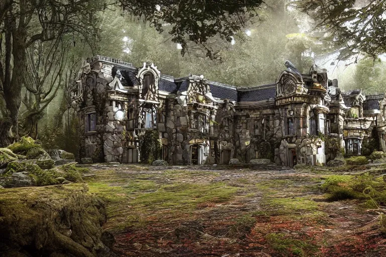 Prompt: photograph of a fantasy style woodland mansion with cogwheeled mechanic doors in an ancient forest