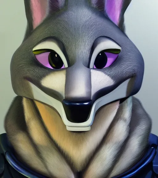 Image similar to painting bust of anthromorphic female wolf, in style of zootopia, zootopia, zootopia, fursona, furry, furaffinity, 4 k, deviantart, furry art, fursona art, wearing black business suit, business suit, in style of zootopia, wolf fursona, cyberpunk, female, expressive detailed feminine face,